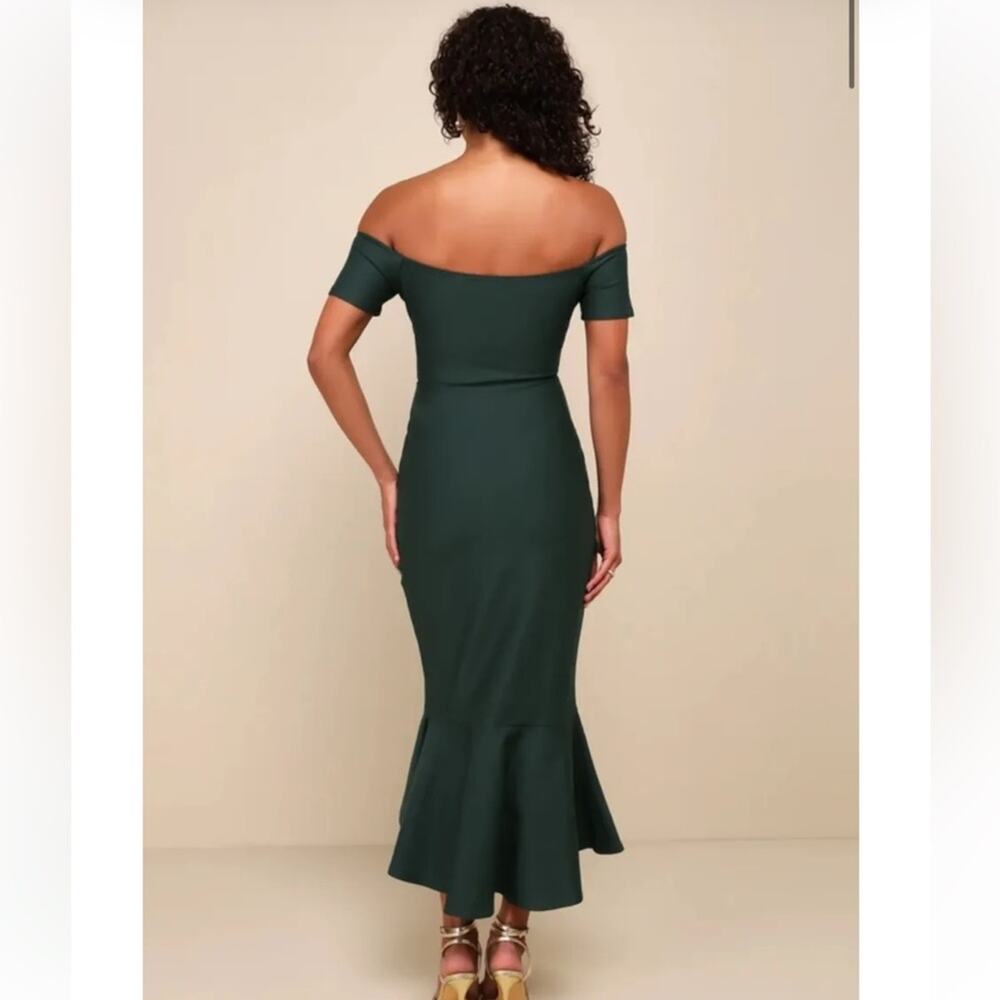 Lulus How Much I Care Dark Green‎ Off-the-Shoulder Ruffle Hem Midi Dress Sz S - Picture 2 of 12